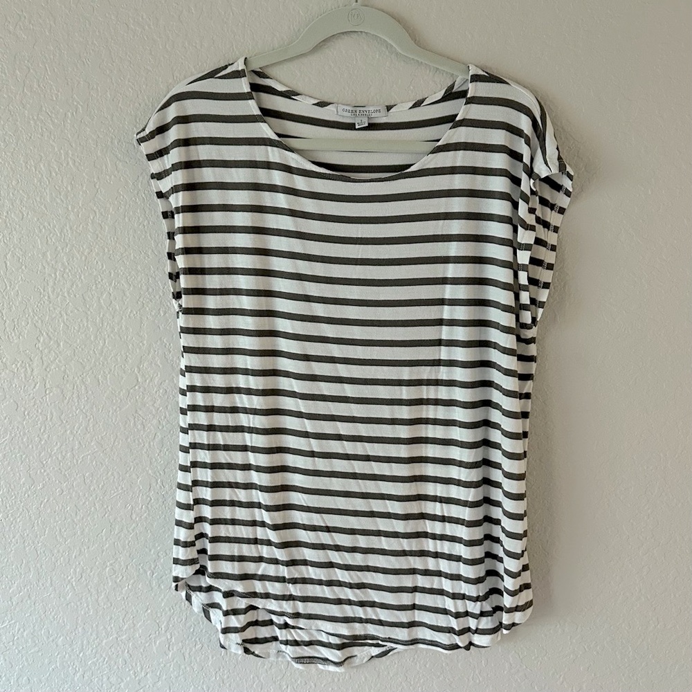 Green Envelope LA Brown & White Striped Tee • Everyday Relaxed Fit • Size L